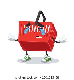 crying cartoon red plastic shopping basket mascot on white background