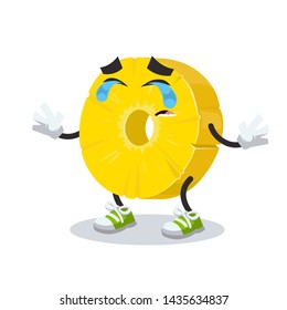 Crying cartoon ring of canned pineapple mascot on white background