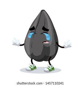 Crying cartoon ripe black sunflower seed mascot on white background