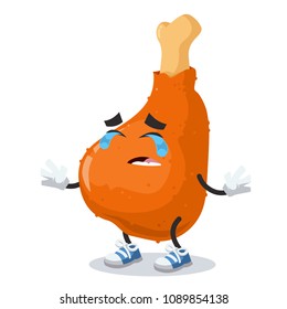 Crying cartoon roast chicken leg mascot on white background