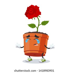 Crying cartoon rose flower in a pot mascot on white background