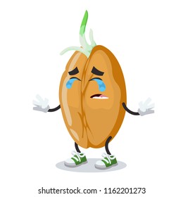 Crying cartoon sprouted wheat seed mascot on white background