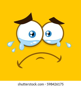 Crying Cartoon Square Emoticons With Tears And  Expression. Vector Illustration With Yellow Background