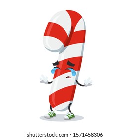 crying cartoon striped christmas candy cane mascot on white background