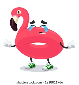 Crying cartoon swimming float inflatable pink flamingo mascot on white background