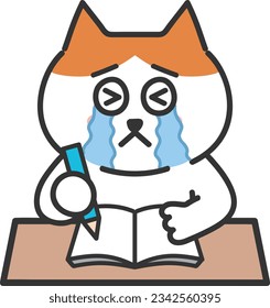 Crying cartoon tabby cat having trouble keeping up with the classes, vector illustration.