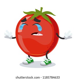 Crying cartoon tomato mascot on white background