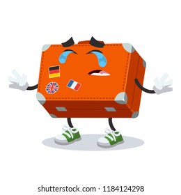 Crying cartoon travel suitcase baggage mascot on white background