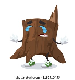 Crying cartoon tree stump mascot on white background