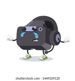 Crying cartoon VR Virtual Reality headset mascot on white background