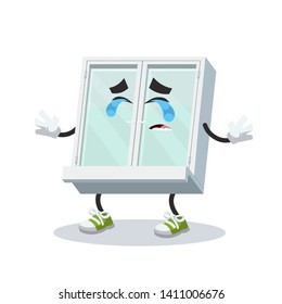 Crying cartoon white closed plastic window mascot on white background