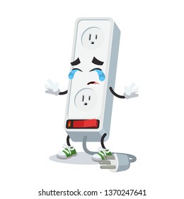 Crying cartoon white electrical power strip 3-way plug socket mascot on white background