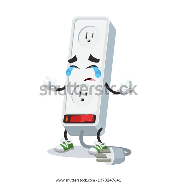 Crying cartoon white electrical power\
strip 3-way plug socket mascot on white\
background