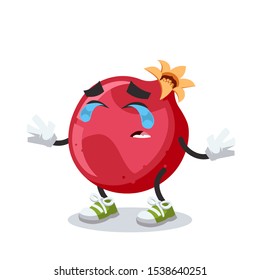 crying cartoon whole fresh pomegranate fruit mascot on white background