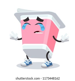 Crying cartoon yogurt in plastic package mascot on white background