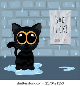 Crying Cat On A Raining Street Bad Luck Friday Thirteen Vector