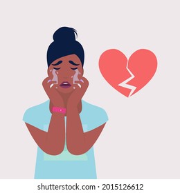 Carácter lloroso con el corazón roto. Problemas de relaciones, pérdida de un ser querido. Ilustración vectorial en un estilo plano
