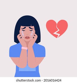 Crying character with a broken heart. Relationship problems, loss of a loved one. Vector illustration in a flat style