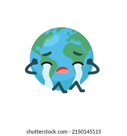 Crying character emotional planet earth. Environment day concept. Eco friendly, save ecology concept. World map globe face emoji