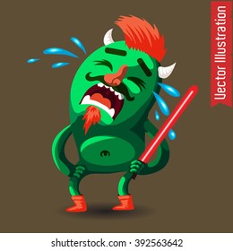 Crying character with a Energy Sword. Isolated Vector Illustration