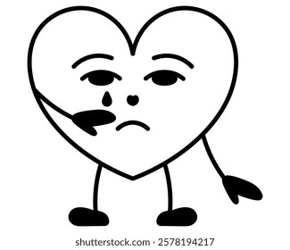 Crying character in the shape of a heart. Young man in the shape of a love symbol. Sadness on the face, tears dripping from the eyes, wiping tears with a hand. Sketch. Vector illustration. 