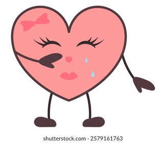 Crying character in the shape of a pink heart. Girl in the shape of a love symbol. Sadness on her face, eyes closed with tears dripping from them, wiping tears with her hand. Color vector illustration