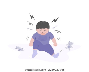 Crying child boy sitting on the floor and crying with sad emotion, flat vector illustration.