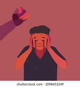 El niño que llora se cubre la cabeza con miedo. El concepto de violencia y amenaza inminente para los niños