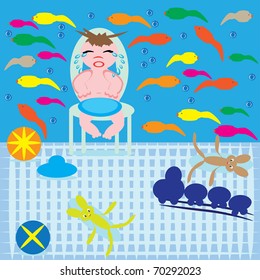 crying child one in a room. Illustration