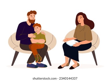 Crying child sitting on knees of his father on the session with a psychologist.Difficult teenager,psychological trauma,children,parents.Mental health,Psychological trauma.Flat vector illustration