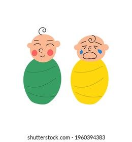 Crying child and smiling child. Hand drawn icons of newborns. Illustration on white background.