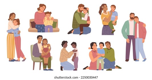 Crying children being comforted by parents. Mother and father hugging and cuddling kid, soothing and calming down, quieten infants. Vector happy families in flat style