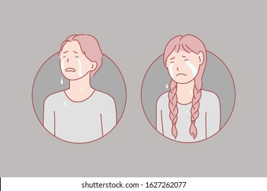 Crying, children, stress, tears concept. Crying, unhappy boy and girl show negative emotion loud. Frustrated with problem pupils in stress burst into tears. Weeping, lamenting teens simple flat vector