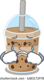 A Crying chocolate bubble tea cartoon mascot design style