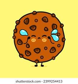 Schokoladenkekse-Charakter weinen. Vektorhandgezeichnete Cartoons kawaii Zeichentricksymbol. Einzeln auf gelbem Hintergrund. Sad Chocolate Cookies-Zeichenkonzept