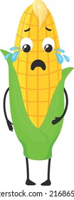 Crying corn character. Cartoon corncob with sad face expresion isolated on white background