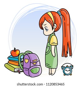 Crying cute girl ready for School. Vector illustration for books, prints, posters, cards.