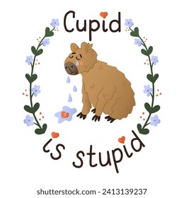 Crying cute hand drawn capybara with lettering. St Valentines day typographic concept. Cute flat animal character with tears and broken heart. Isolated sticker on white background