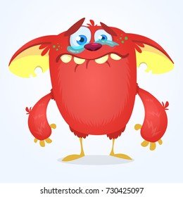 Crying cute monster cartoon. Red adorable tiny monster troll, gremlin or goblin crying with tear. Vector illustration for Halloween