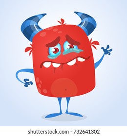 Crying cute monster cartoon. Red adorable tiny monster character mascot crying with tear. Vector illustration for Halloween