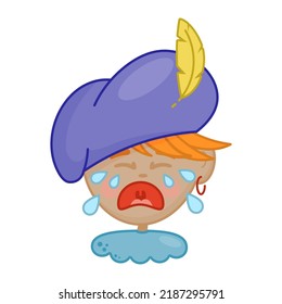 Crying cute Piet Dutch kids holiday character, roetveegpiet or schoorsteenpiet accompanies Sinterklaas, Saint Nicholas day in Netherlands. Vector illustration stickers of boy roetpiet