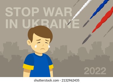Weinen Sie süßen ukrainischen Jungen in einer zerstörten Stadt. Hör auf Krieg in der Gestaltung der Ukraine. Russische Raketen schlagen Gebäude. Flache Vektorgrafik-Vorlage.