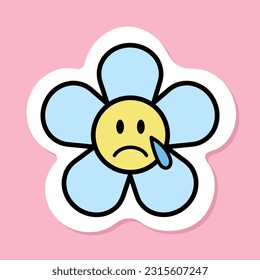 crying daisy flower emoji sticker, cartoon flower with tears, black outline, sad chamomile character on pink background, groovy aesthetic, vector design element