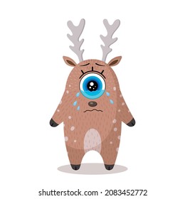 A crying deer. A one-eyed character in a flat style. Isolated on a white background. Upset. Made in vector. For design, prints, decoration of T-shirts, covers, packages, souvenirs 