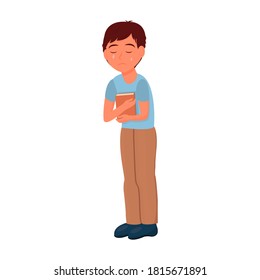 Crying depressed boy flat vector illustration. Upset child with tears on face standing alone cartoon character. Lonely kid in bad mood, person unhappy expression isolated on white background