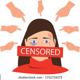 Crying or depressed woman surrounded by hands with index fingers pointing at her. Concept of quilt,  and victim blaming. Mental health.Flat cartoon colorful illustration.