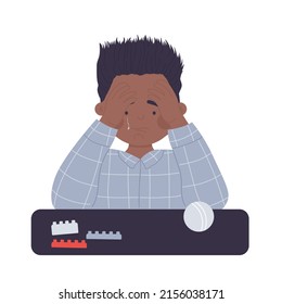Crying depressed young boy. Frustrated teenager, loneliness and anxiety feeling vector illustration