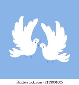 Crying dove of peace hand drawn vector illustration. Symbol of freedom, love and hope. Cute white birds in flat style. 