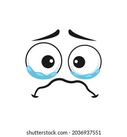 Crying emoji in bad mood isolated emoticon icon. Vector character face in bad mood, weeping emoticon, emoticon in sorrow, tears on face. Lonely feeling, grief and depression, dissatisfied smiley