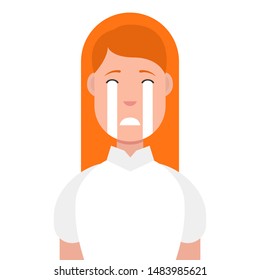 Crying Emoji character. Woman face icon. Shedding tears, sad, heart broken, in grief. Vector illustration.